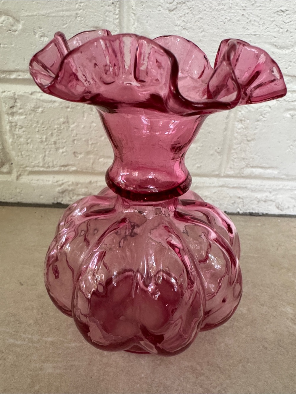Fenton Melon Vase cranberry pink 5.75” tall